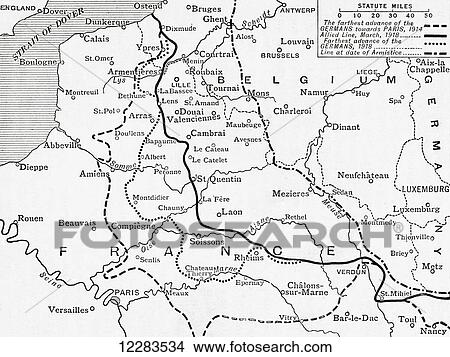 Map showing the lines of advance of the Germans through France during World War One. From A First Book of British History published 1925. View Large Photo Image Picture - Map showing the lines of advance of the Germans through France during World War One. From A First Book of British History published 1925.. Fotosearch
