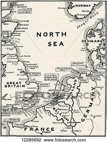 Stock Image - Map showing the naval bases of the North Sea during World War One. From The History of the Great War, published c. 1919. Fotosearch