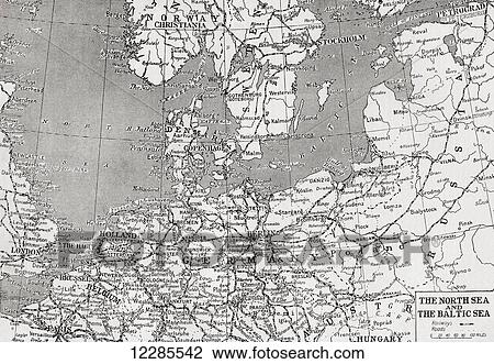 Stock Image - Map showing the North sea and the Baltic sea at the time of the first world war. From The War Illustrated Album Deluxe, published 1915.. Fotosearch