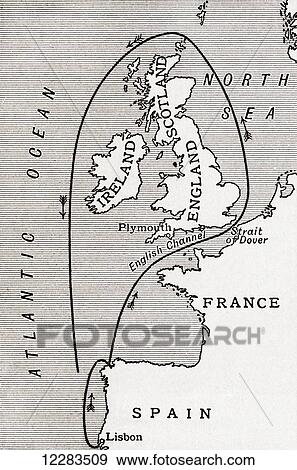 Map showing the route of the Spanish Armada in 1588. From A First Book of British History published 1925. View Large Photo Image Stock Photo - Map showing the route of the Spanish Armada in 1588. From A First Book of British History published 1925.. Fotosearch