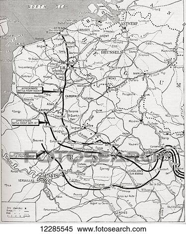 Stock Photography - Map showing the steady progress of the allies advance in 1914 during WWI. From The War Illustrated Album Deluxe, published 1915.. Fotosearch