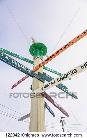 Stock Photograph - Milepost marking Barrow, Alaska, and distances to different locations around the globe, North Slope, Arctic Alaska, USA, Winter. Fotosearch