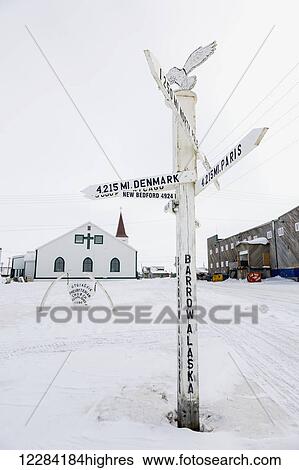 Milepost showing distances to Denmark and Paris from Barrow, North Slope, Arctic Alaska, USA, Winter View Large Photo Image Stock Photograph - Milepost showing distances to Denmark and Paris from Barrow, North Slope, Arctic Alaska, USA, Winter. Fotosearch