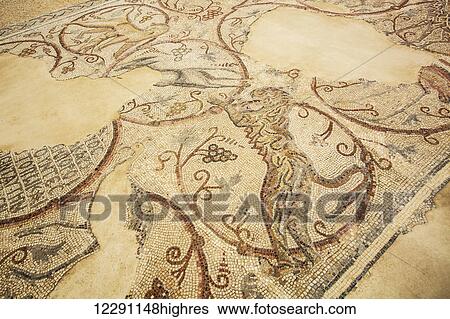 Stock Photograph - Mosaic floor displayed at the Samaritan Inn from the synagoge at Gaza, near Jerusalem; Israel. Fotosearch