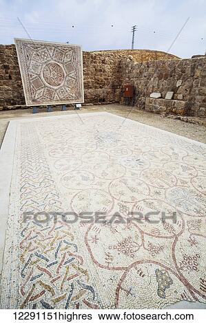 Stock Photograph - Mosaic floor from the Chapel at Deir Qal'a; Israel. Fotosearch
