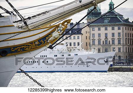 Stock Photograph - Old sailing technology versus new; Stockholm, Sweden. Fotosearch