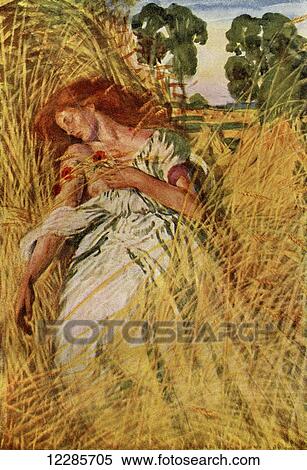 Stock Photography - On a half-reap'd furrow sound asleep. Drows'd with the fume of poppies, while thy hook spares the next swath and all its twined flowers. Illustration to the poem To Autumn, by John Keats. From Poems of Keats, published c. 1910.. Fotosearch
