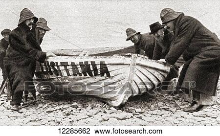 One of the lifeboats from the RMS Lusitania, sunk by a German U-boat in 1915 is hauled onto the beach on the coast of Ireland. From The Pageant of the Century, published 1934 View Large Photo Image Stock Image - One of the lifeboats from the RMS Lusitania, sunk by a German U-boat in 1915 is hauled onto the beach on the coast of Ireland. From The Pageant of the Century, published 1934. Fotosearch