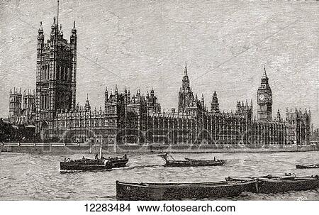 Palace of Westminster, The New Houses of Parliament, City of Westminster, London, England, designed by Charles Barry. From A First Book of British History published 1925. View Large Photo Image Picture - Palace of Westminster, The New Houses of Parliament, City of Westminster, London, England, designed by Charles Barry. From A First Book of British History published 1925.. Fotosearch