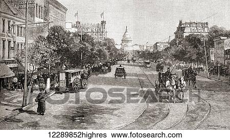 Stock Photograph - Pennsylvania Avenue, Washington D. C., United Staes of America in the 19th century. From The Century Illustrated Monthly Magazine, published 1884.. Fotosearch