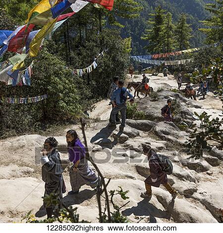 Stock Photograph - People walking and riding horses on Taktsang trail with prayer flags hanging overhead; Paro, Bhutan. Fotosearch
