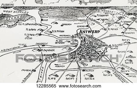 Stock Photography - Plan of the immense fortress town of Antwerp, Belgium, with a triple belt of forts, where the Belgians prepared for their last heroic stand during WWI. From The War Illustrated Album Deluxe, published 1915.. Fotosearch