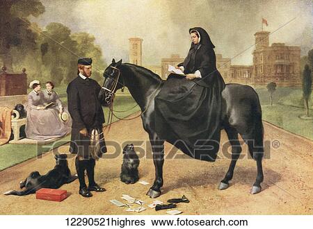 Queen Victoria at Osborne House, Isle of Wight, England, 1865. Victoria, 1819 1901, Queen of the United Kingdom of Great Britain and Ireland. She is seated on her pony Flora which is held by her ghillie John Brown. After the painting by Sir Edwin... View Large Photo Image Stock Photograph - Queen Victoria at Osborne House, Isle of Wight, England, 1865. Victoria, 1819 1901, Queen of the United Kingdom of Great Britain and Ireland. She is seated on her pony Flora which is held by her ghillie John Brown. After the painting by Sir Edwin.... Fotosearch