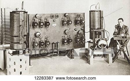 Stock Photo - Radio announcer transmitting a news bulletin in 1920. From The Story of 25 Eventful Years in Pictures, published 1935.. Fotosearch