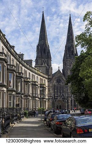 Stock Photograph - Residential buildings and towers of St. Mary's Cathedral; Edinburgh, Scotland. Fotosearch