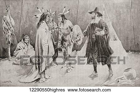 Stock Photograph - Roger Williams acquiring land on which to establish the Providence Settlement, Rhode Island, from the Native American Chief, Canonicus in 1636. Roger Williams, c. 1603 1683. English Puritan theologian and Chief Officer of Providence and Warwick..... Fotosearch