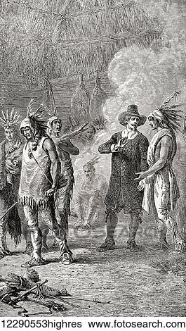 Stock Photograph - Roger Williams opposing the Pequot emissaries during the Pequot War. Roger Williams, c. 1603 1683. English Puritan theologian and Chief Officer of Providence and Warwick. From The History of Our Country, published 1899. Fotosearch