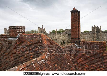 Stock Photograph - Rooftops and wall of Framlingham Castle; Framlingham, Suffolk, England. Fotosearch