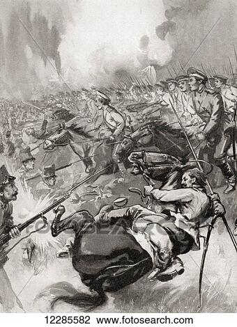 Stock Image - Russian cavalry force the Austrians to flee at the Battle of Lemberg, Galicia in 1914 during WWI. From The War Illustrated Album Deluxe, published 1915.. Fotosearch