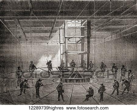 Stock Photograph - Sailors and workers coiling the transatlantic telegraph cable in the bilge tanks of the S. S. Great Eastern, 1865. From Les Merveilles de la Science, published c. 1870. Fotosearch