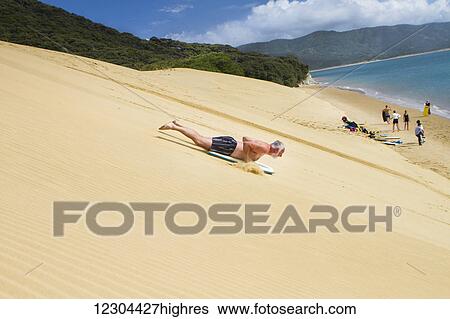 Sand Boarding the Hokianga Sand Dunes on the Tasman Sea; Hokianga, New Zealand View Large Photo Image Stock Photograph - Sand Boarding the Hokianga Sand Dunes on the Tasman Sea; Hokianga, New Zealand. Fotosearch