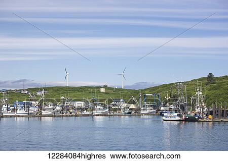Sand Point Harbor with wind turbines in the background, Sand Point, Southwestern Alaska, USA, Summer View Large Photo Image Stock Photograph - Sand Point Harbor with wind turbines in the background, Sand Point, Southwestern Alaska, USA, Summer. Fotosearch