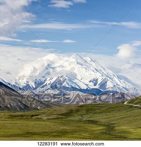 Stock Image - Scenic view of Denali and Thorofare Pass as seen from Stony Hill, Denali National Park, Interior Alaska, Summer. Fotosearch