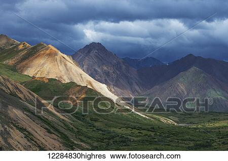 Stock Photograph - Scenic view of Sable Pass and the foothills of the Alaska Range, Denali National Park, Interior Alaska, summer. Fotosearch