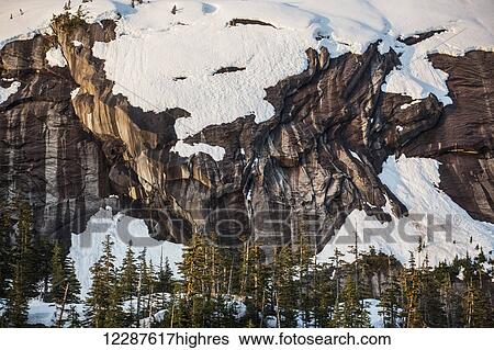 Stock Photograph - Scenic view of snow covered cliffs and evergreen trees at sunset, Kings Bay, Prince William Sound, Southcentral Alaska, USA, Winter. Fotosearch