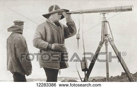 Stock Photograph - Scott looking through a telescope during The Terra Nova Expedition to the south pole in 1912. Robert Falcon Scott, 1868 ÃƒÂ¢Ã¢â€šÂ¬Ã¢â‚¬Å“ 1912. Royal Navy officer and explorer. From The Story of 25 Eventful Years in Pictures, published 1935.. Fotosearch
