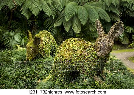 Stock Photograph - Sculptures covered in foliage, Terra Nostra Botanical Park; Furnas, Sao Miguel, Azores, Portugal. Fotosearch