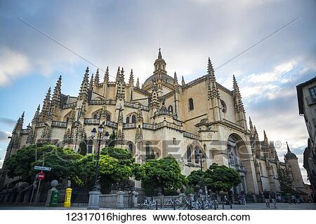 Stock Photograph - Segovia's Cathedral viewed from Plaza Mayor; Segovia, Castilla Leon, Spain. Fotosearch