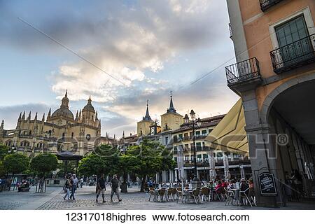 Stock Photograph - Segovia's Cathedral viewed from Plaza Mayor; Segovia, Castilla Leon, Spain. Fotosearch