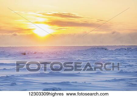 Stock Photograph - Snow drifts on sea ice on the Arctic Ocean at sunset, North Slope, Barrow, Arctic Alaska, Winter. Fotosearch