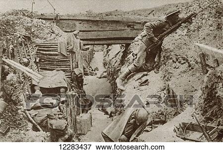 Soldier keeping watch whilst his comrades sleep in a trench during World War One. From The Story of 25 Eventful Years in Pictures published 1935 View Large Photo Image Stock Photo - Soldier keeping watch whilst his comrades sleep in a trench during World War One. From The Story of 25 Eventful Years in Pictures published 1935. Fotosearch