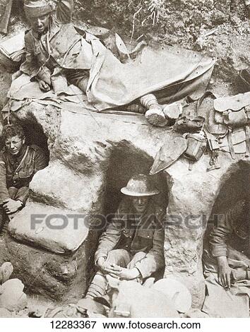 Soldiers from the British Army's Border Regiment occupying the Front Line trenches in Thiepval Wood, The Somme, France during World War I. From The Story of 25 Eventful Years in Pictures, published 1935. View Large Photo Image Stock Photo - Soldiers from the British Army's Border Regiment occupying the Front Line trenches in Thiepval Wood, The Somme, France during World War I. From The Story of 25 Eventful Years in Pictures, published 1935.. Fotosearch