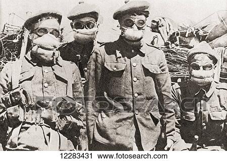 Soldiers in Ypres during World War One using early gas masks, which were pads of cotton wool soaked in a solution of common washing soda. From The Story of 25 Eventful Years in Pictures published 1935 View Large Photo Image Stock Image - Soldiers in Ypres during World War One using early gas masks, which were pads of cotton wool soaked in a solution of common washing soda. From The Story of 25 Eventful Years in Pictures published 1935. Fotosearch