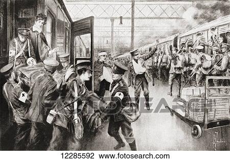 Soldiers wounded during WWI arriving at Waterloo Station, London, England as another train full of troops is about to leave for the front on the opposite platform. From The War Illustrated Album Deluxe, published 1915. View Large Photo Image Stock Image - Soldiers wounded during WWI arriving at Waterloo Station, London, England as another train full of troops is about to leave for the front on the opposite platform. From The War Illustrated Album Deluxe, published 1915.. Fotosearch