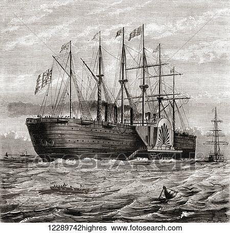 Stock Photograph - SS Great Eastern. Iron sailing steam ship designed by Isambard Kingdom Brunel. Later converted to a cable-laying ship and laying the first lasting transatlantic telegraph cable in 1866. From Les Merveilles de la Science, published c. 1870. Fotosearch