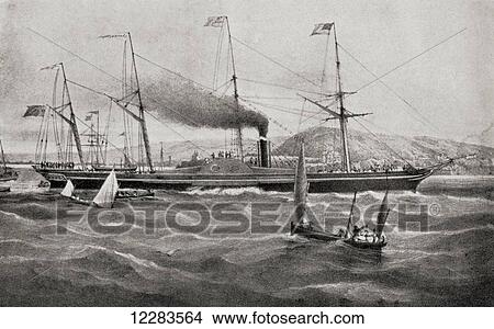 Picture - SS Great Western, an oak-hulled paddle-wheel steamship, the first to be purpose-built for crossing the Atlantic. She left Bristol on April 7 1838 and arrived in New York Harbour on April 23. From The Romance of the Merchant Ship, published 1931.. Fotosearch