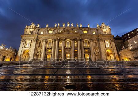 Stock Photograph - St. Peter's Basilica at nighttime; Rome, Italy. Fotosearch
