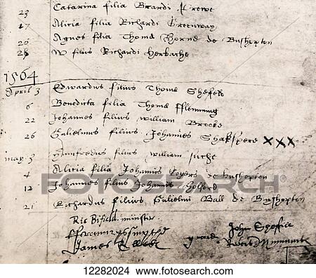 Picture - Stratford-upon-Avon, Warwickshire, England. Facsimile register entry for baptism of William Shakespeare on April 26, 1564 displayed in Holy Trinity Church, Stratford-upon-Avon. The original Parish register is now held by the Birthplace Trust.. Fotosearch