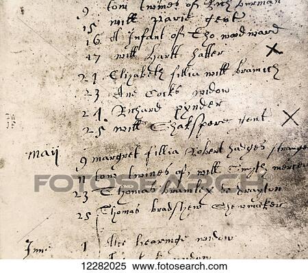 Stratford-upon-Avon, Warwickshire, England. Facsimile register entry for burial of William Shakespeare on April 25, 1616 displayed in Holy Trinity Church, Stratford-upon-Avon. The original Parish registry is now held by the Birthplace Trust. View Large Photo Image Stock Photography - Stratford-upon-Avon, Warwickshire, England. Facsimile register entry for burial of William Shakespeare on April 25, 1616 displayed in Holy Trinity Church, Stratford-upon-Avon. The original Parish registry is now held by the Birthplace Trust.. Fotosearch