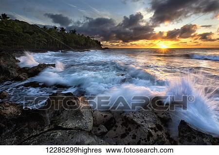 Sunrise over the ocean and a view of the coastline; Opihikao, Island of Hawaii, Hawaii, United States of America View Large Photo Image Stock Photograph - Sunrise over the ocean and a view of the coastline; Opihikao, Island of Hawaii, Hawaii, United States of America. Fotosearch