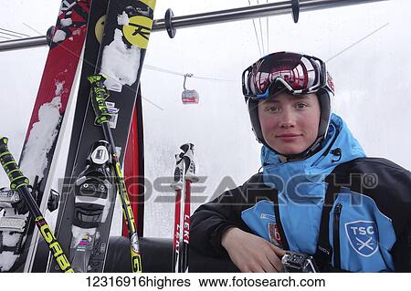 Stock Photograph - Teenage girl riding in the Peak to Peak gondola; Whistler, British Columbia, Canada. Fotosearch