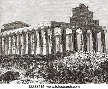 Stock Photography - Temple at Paestum, Italy in the late19th century. From Italian Pictures by Rev. Samuel Manning, published c. 1890.. Fotosearch
