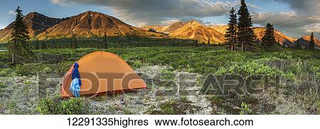 Stock Photograph - Tent at a wilderness camp site in the Twin Lakes area of Lake Clark National Park & Preserve, Alaska.. Fotosearch