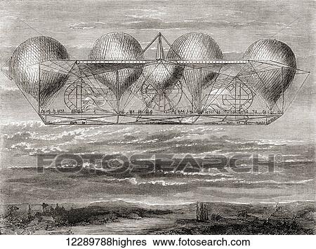 Stock Photograph - The 160 yard long aerial ship of French balloonist Ernest Petin, 1812-1879. He conceived this project around 1850 but was unable to find financing to build it. From Les Merveilles de la Science, published c. 1870. Fotosearch