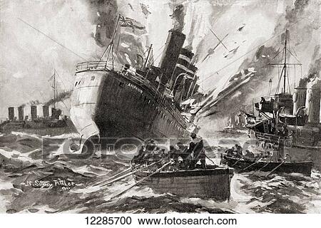 Stock Image - The blowing up of H. M. S. Amphion by a German mine during World War One. From The History of the Great War, published c. 1919. Fotosearch