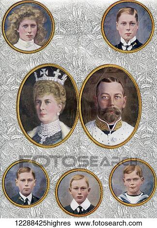 Stock Photograph - The British Royal Family in 1910. From top left, Princess Mary, Princess Royal and Countess of Harewood, 1897 1965. The Prince of Wales, later Edward VIII, 1894 - 1972. Queen Mary of Teck, 1867-1953. King George V, 1865-1936. Prince Albert, later.... Fotosearch